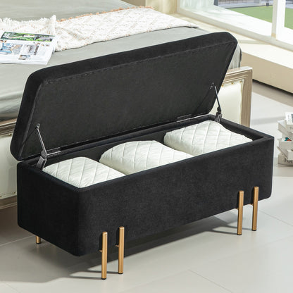 Upholstered Storage Bench Ottoman with Velvet Look, Storage Chest with Metal Legs, Chest Bench for Living Room Bedroom Entryway 100 x 40 x 42 cm, Black