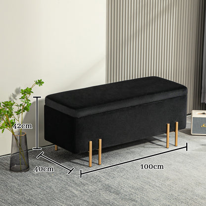Upholstered Storage Bench Ottoman with Velvet Look, Storage Chest with Metal Legs, Chest Bench for Living Room Bedroom Entryway 100 x 40 x 42 cm, Black