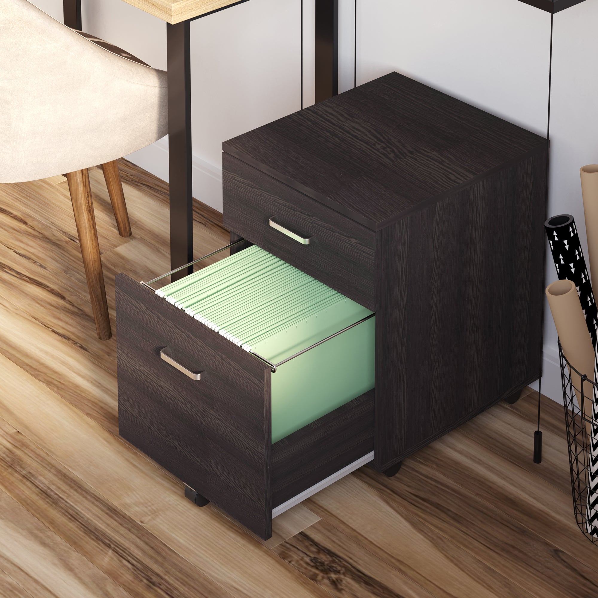Mobile Filing Cabinet for A4 Files with Wheels Hanging File Cabinet with 2 Drawers and Lock 40x45x55.6 cm Wengué