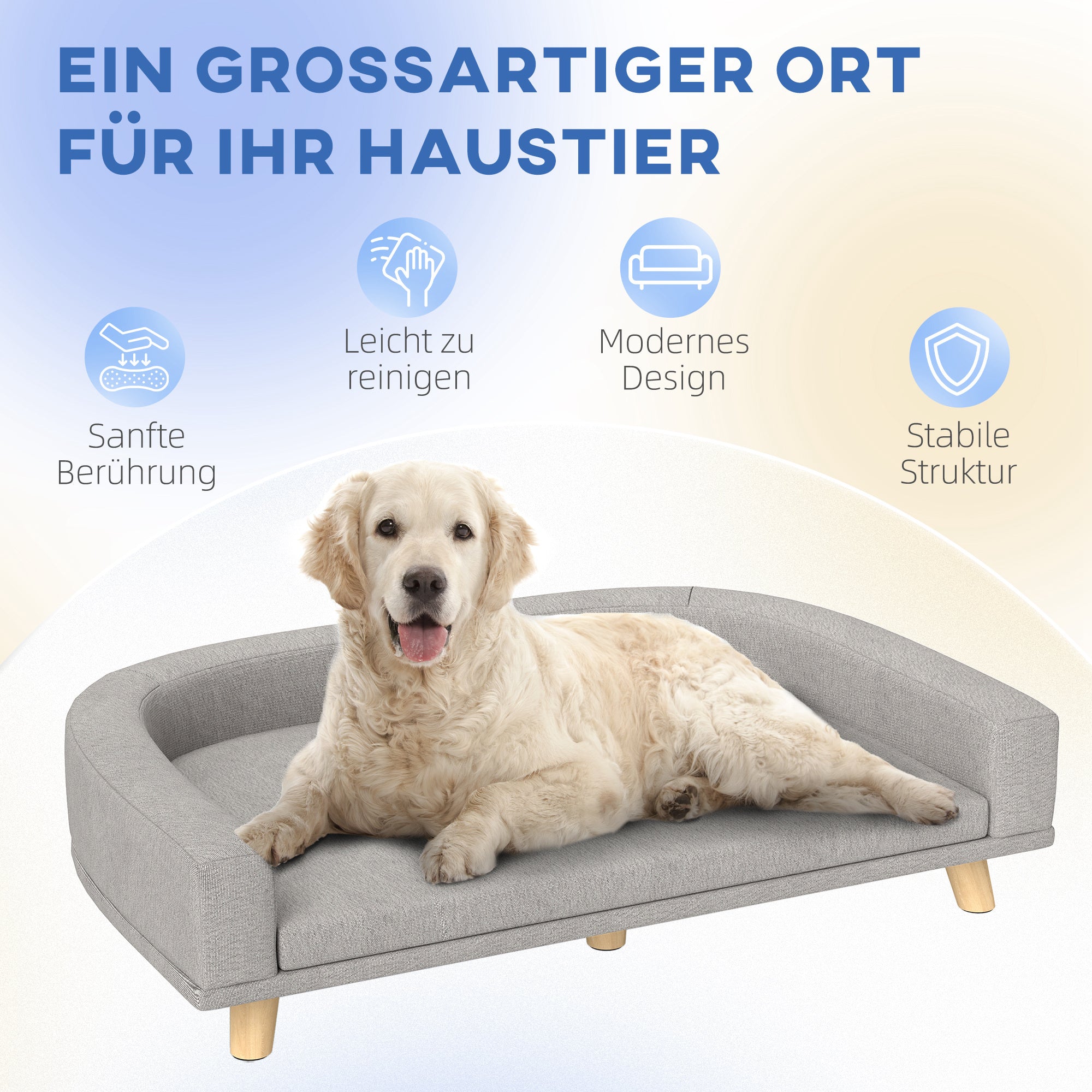 Dog Sofa, Dog Bed, Dog Couch with Elevated Design, Pet Sofa with Cushion, Dog Armchair with Wooden Legs, Cat Sofa for Large Dogs, 98 x 67 x 25 cm, Gray