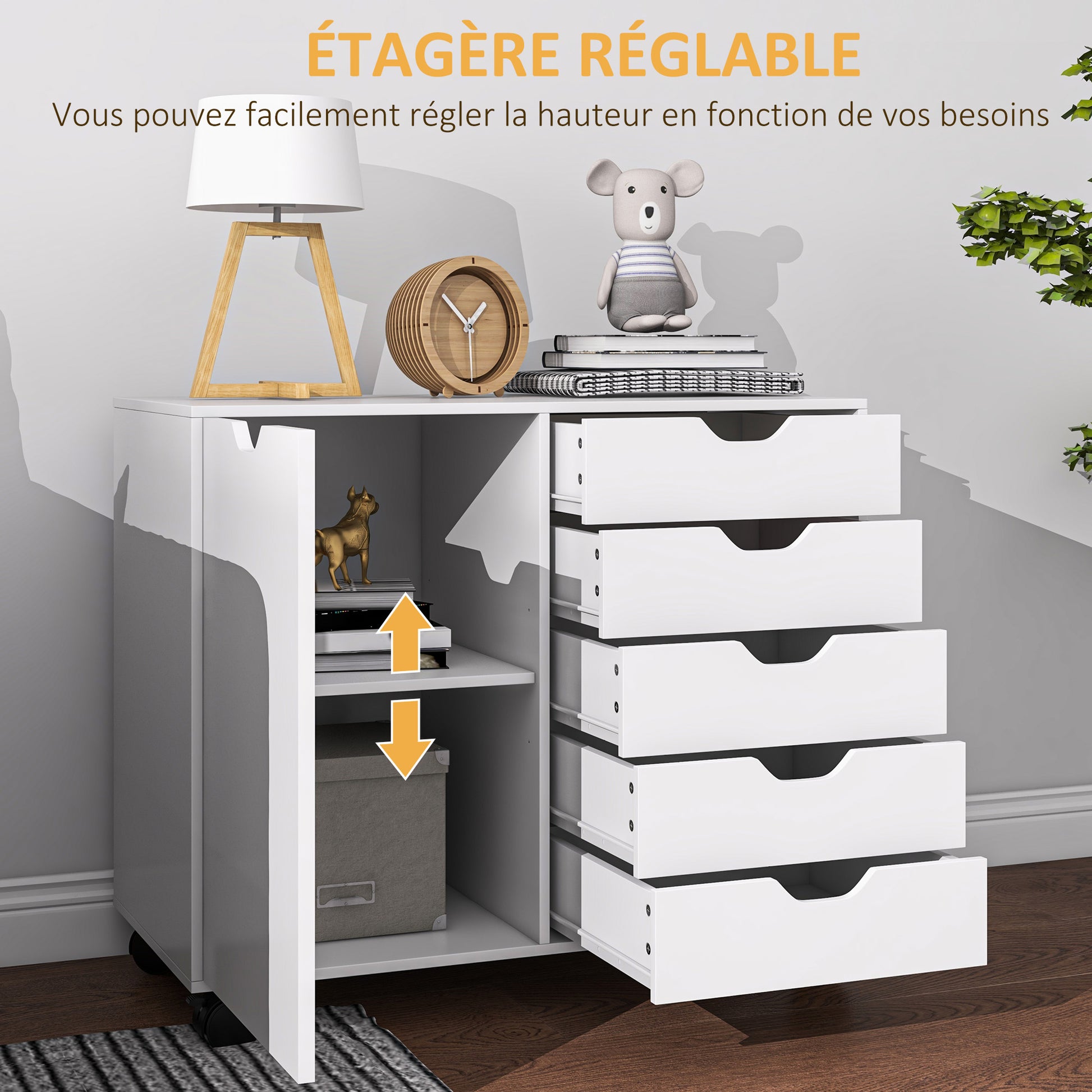 Office Storage Cabinet with 5 Drawers and 1 Printer Stand Door on Wheels with Adjustable Shelf, 78 x 40 x 66.5 cm, White