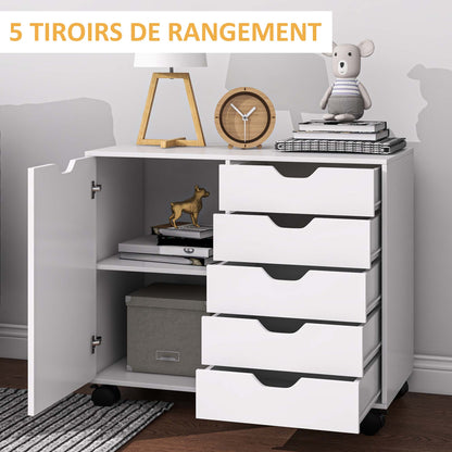Office Storage Cabinet with 5 Drawers and 1 Printer Stand Door on Wheels with Adjustable Shelf, 78 x 40 x 66.5 cm, White
