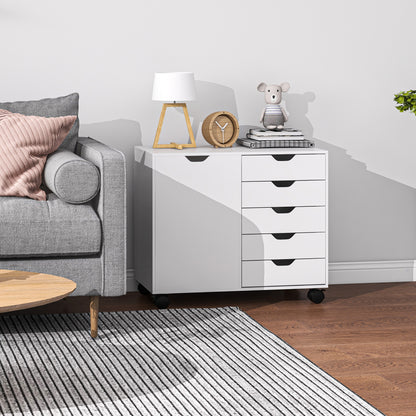 Office Storage Cabinet with 5 Drawers and 1 Printer Stand Door on Wheels with Adjustable Shelf, 78 x 40 x 66.5 cm, White