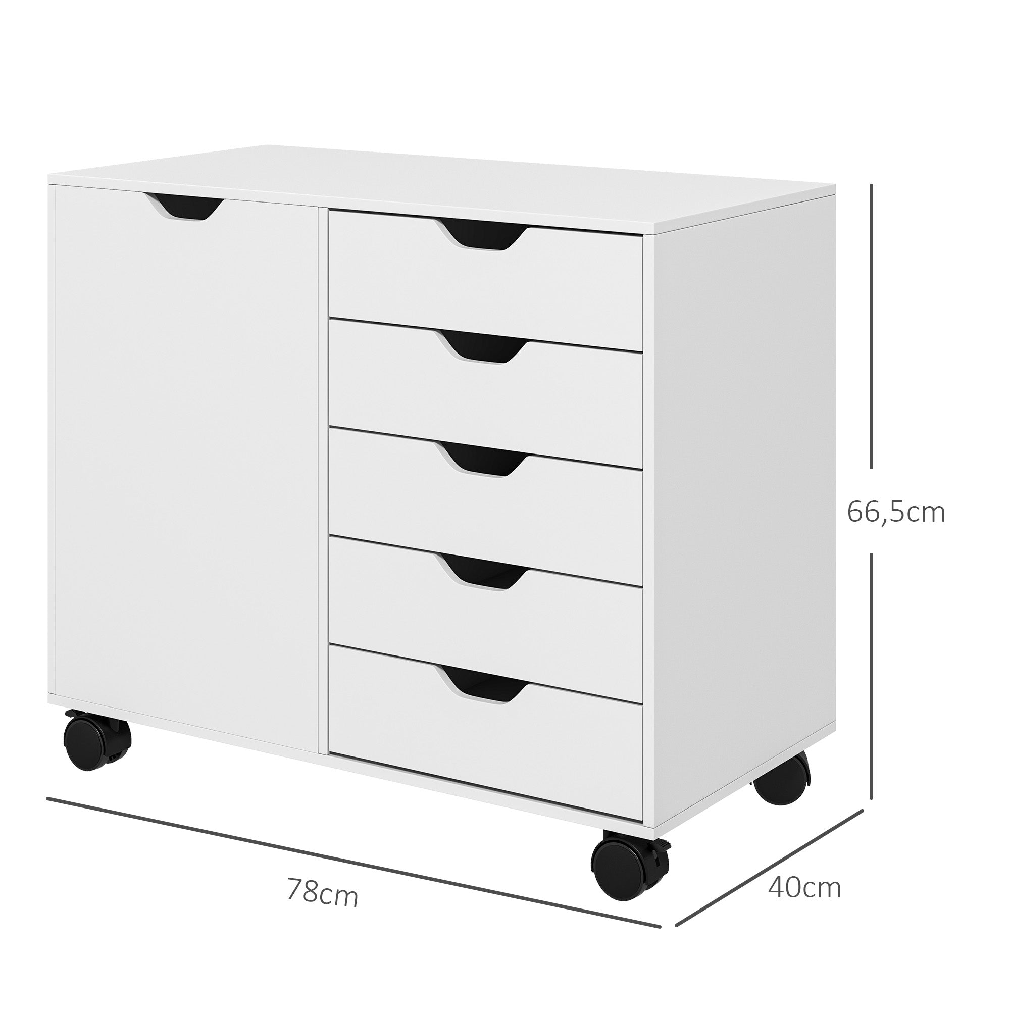 Office Storage Cabinet with 5 Drawers and 1 Printer Stand Door on Wheels with Adjustable Shelf, 78 x 40 x 66.5 cm, White