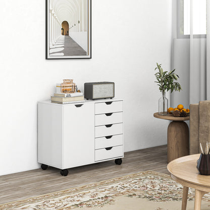 Office Storage Cabinet with 5 Drawers and 1 Printer Stand Door on Wheels with Adjustable Shelf, 78 x 40 x 66.5 cm, White
