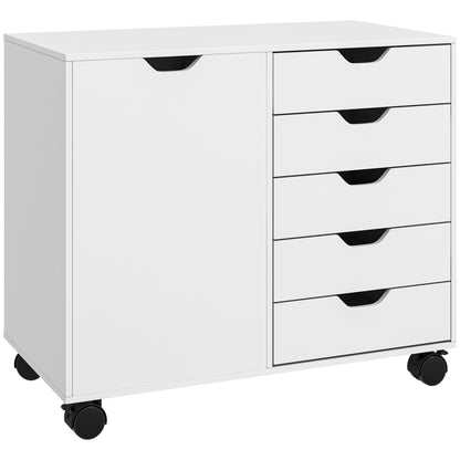 Office Storage Cabinet with 5 Drawers and 1 Printer Stand Door on Wheels with Adjustable Shelf, 78 x 40 x 66.5 cm, White