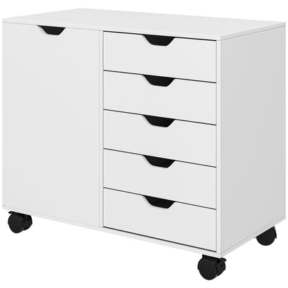 Office Storage Cabinet with 5 Drawers and 1 Printer Stand Door on Wheels with Adjustable Shelf, 78 x 40 x 66.5 cm, White