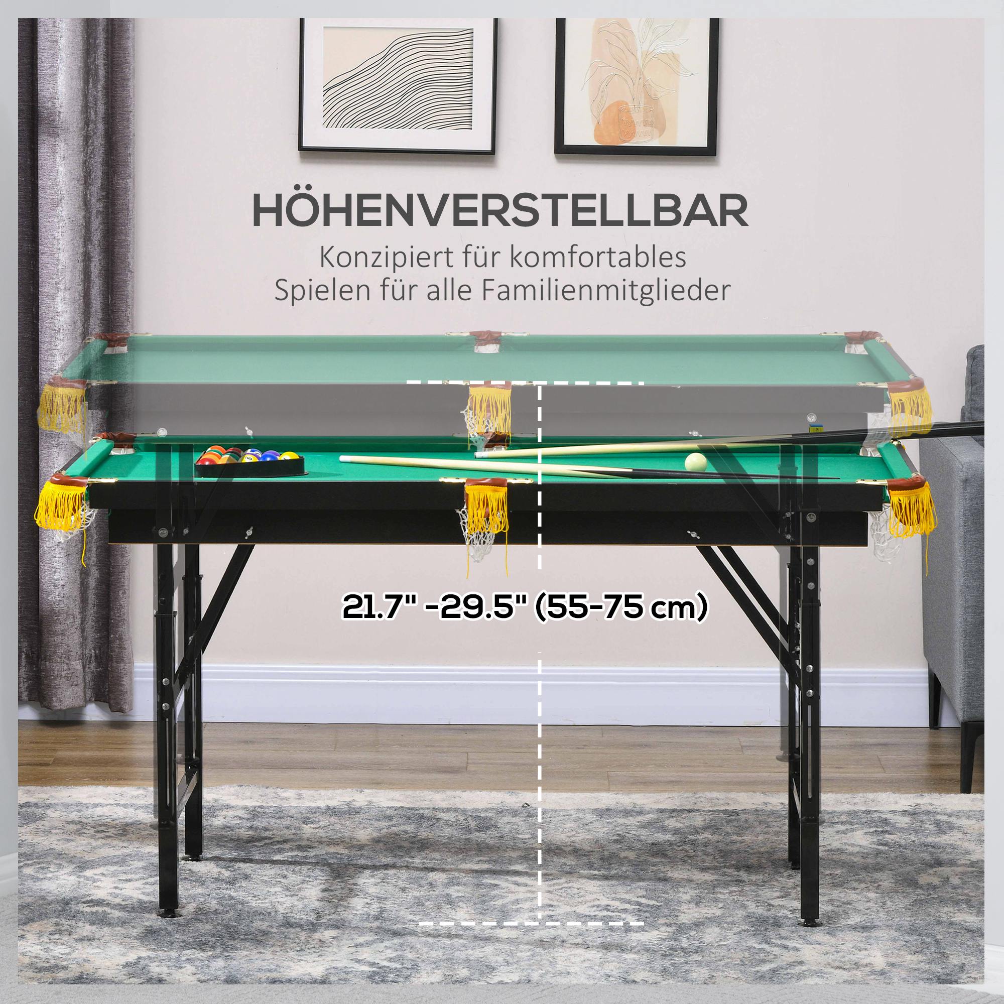 SPORTNOW Foldable Pool Table 4.6ft 140 x 63 x 55-75 cm Table Billiards with Accessories, Triangle, 2 Cues, 16 Balls for Youth, Adults, Steel, Green