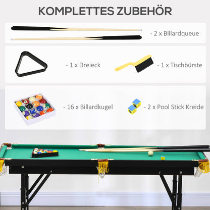 SPORTNOW Foldable Pool Table 4.6ft 140 x 63 x 55-75 cm Table Billiards with Accessories, Triangle, 2 Cues, 16 Balls for Youth, Adults, Steel, Green
