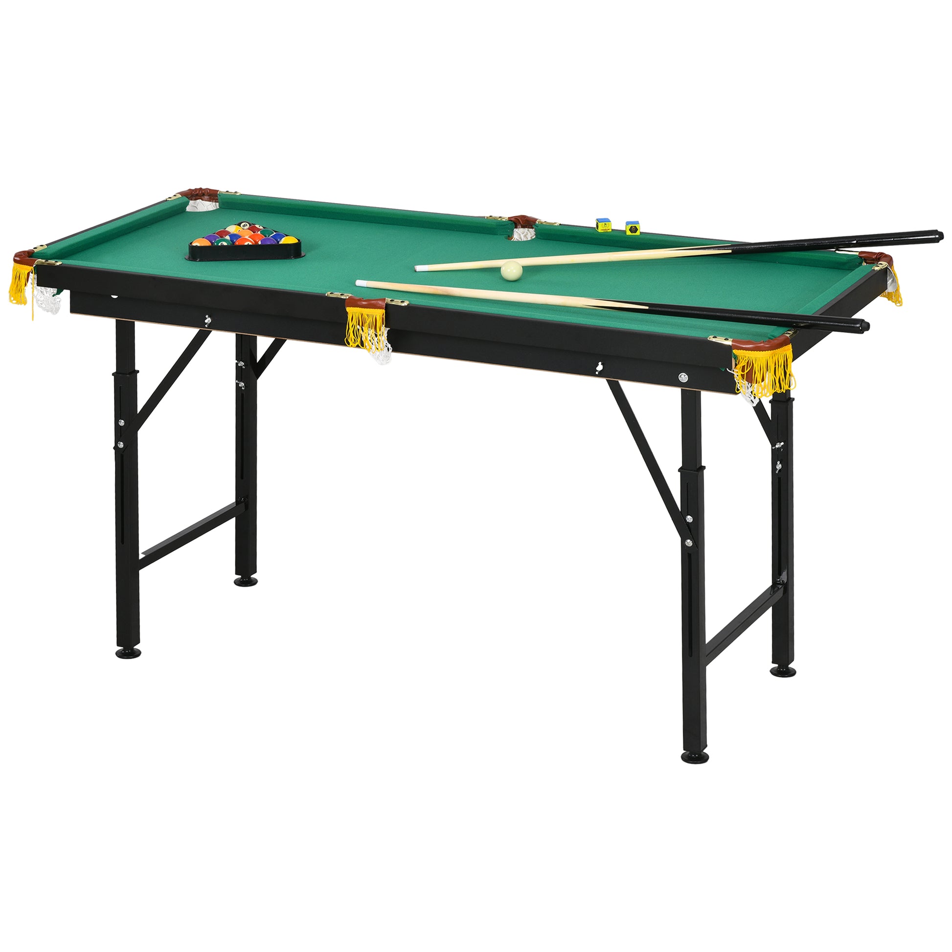 SPORTNOW Foldable Pool Table 4.6ft 140 x 63 x 55-75 cm Table Billiards with Accessories, Triangle, 2 Cues, 16 Balls for Youth, Adults, Steel, Green