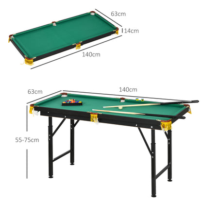 SPORTNOW Foldable Pool Table 4.6ft 140 x 63 x 55-75 cm Table Billiards with Accessories, Triangle, 2 Cues, 16 Balls for Youth, Adults, Steel, Green