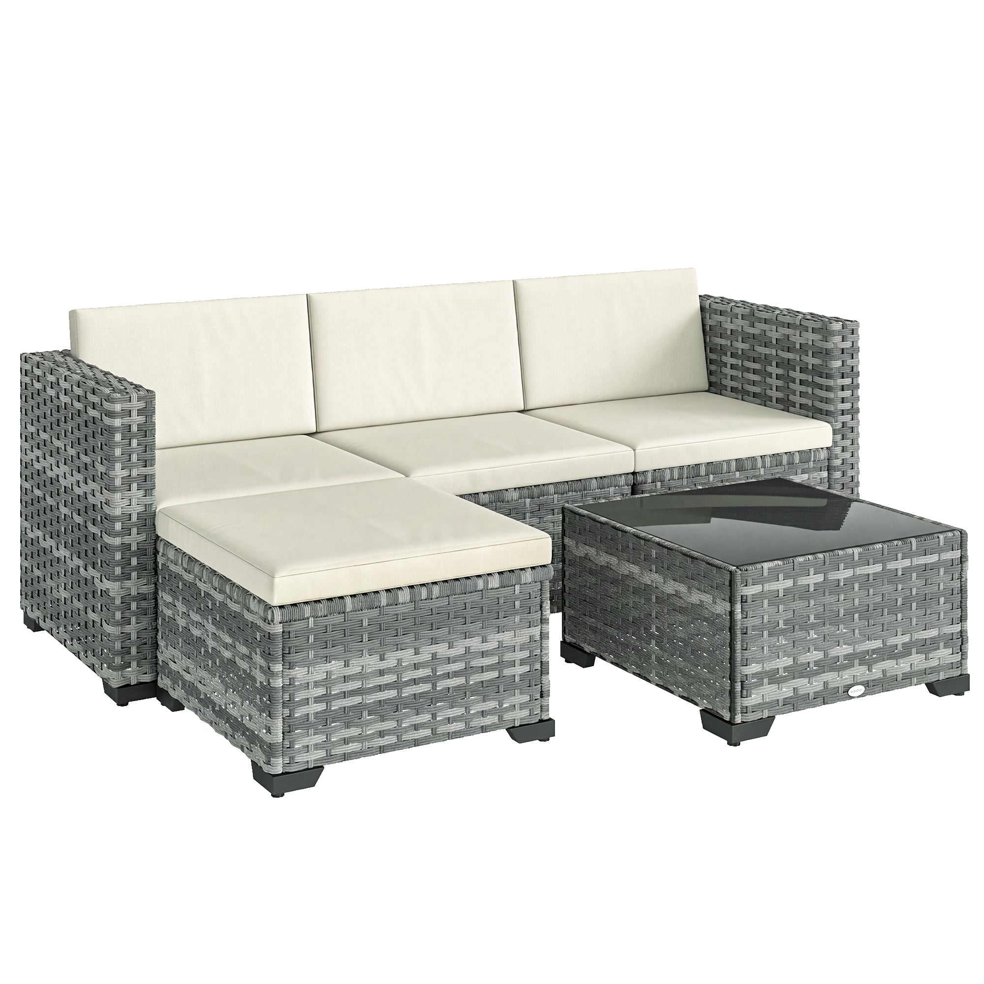 5-Piece PE Rattan Patio Lounge Set with Corner Sofa, Ottoman & Coffee Table, Cushions, Seats up to 4 — Gray & Cream