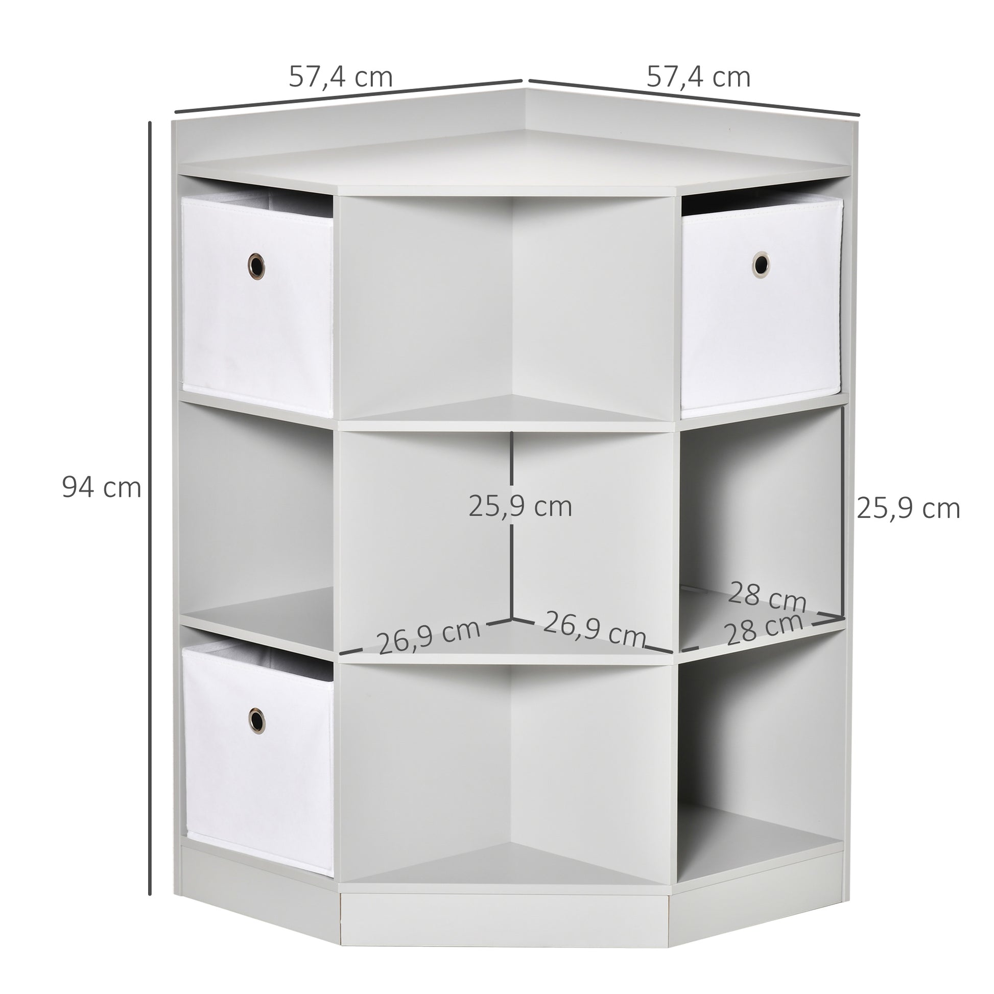 Children's Shelf Corner Shelf with 3 Storage Boxes Children's Room Toy Shelf for 3-12 Year Olds Gray 57.4 x 57.4 x 94 cm