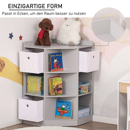 Children's Shelf Corner Shelf with 3 Storage Boxes Children's Room Toy Shelf for 3-12 Year Olds Gray 57.4 x 57.4 x 94 cm