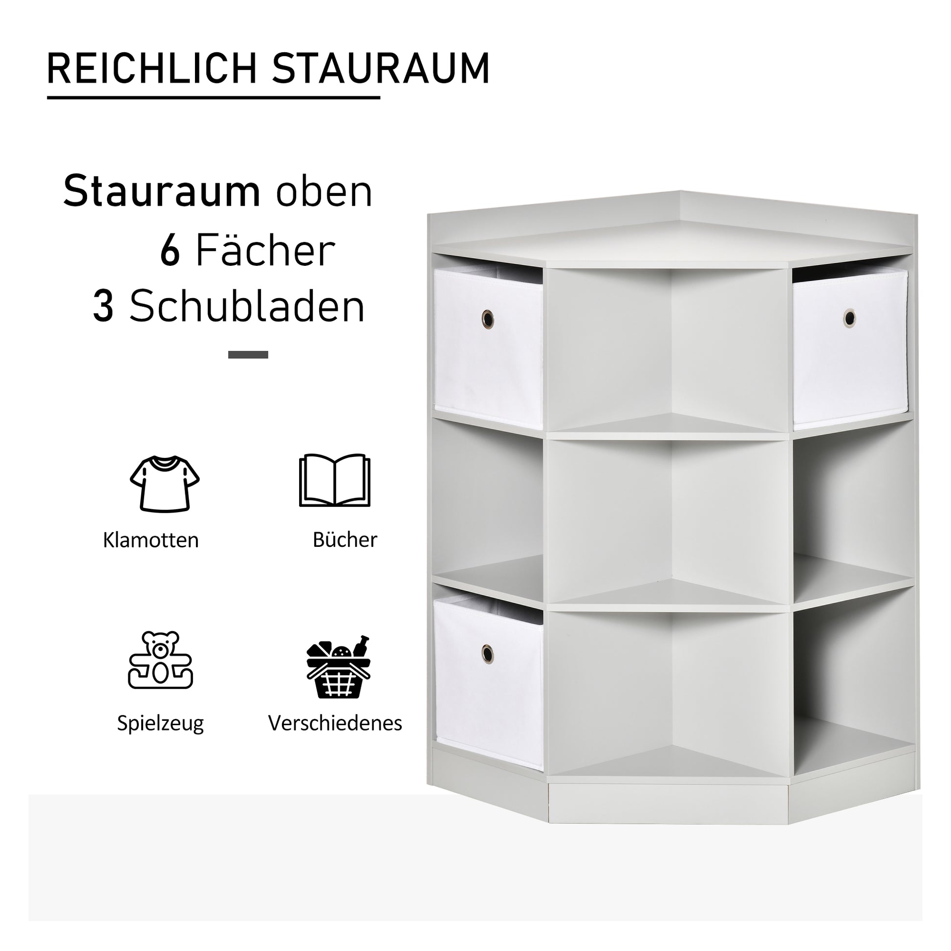 Children's Shelf Corner Shelf with 3 Storage Boxes Children's Room Toy Shelf for 3-12 Year Olds Gray 57.4 x 57.4 x 94 cm