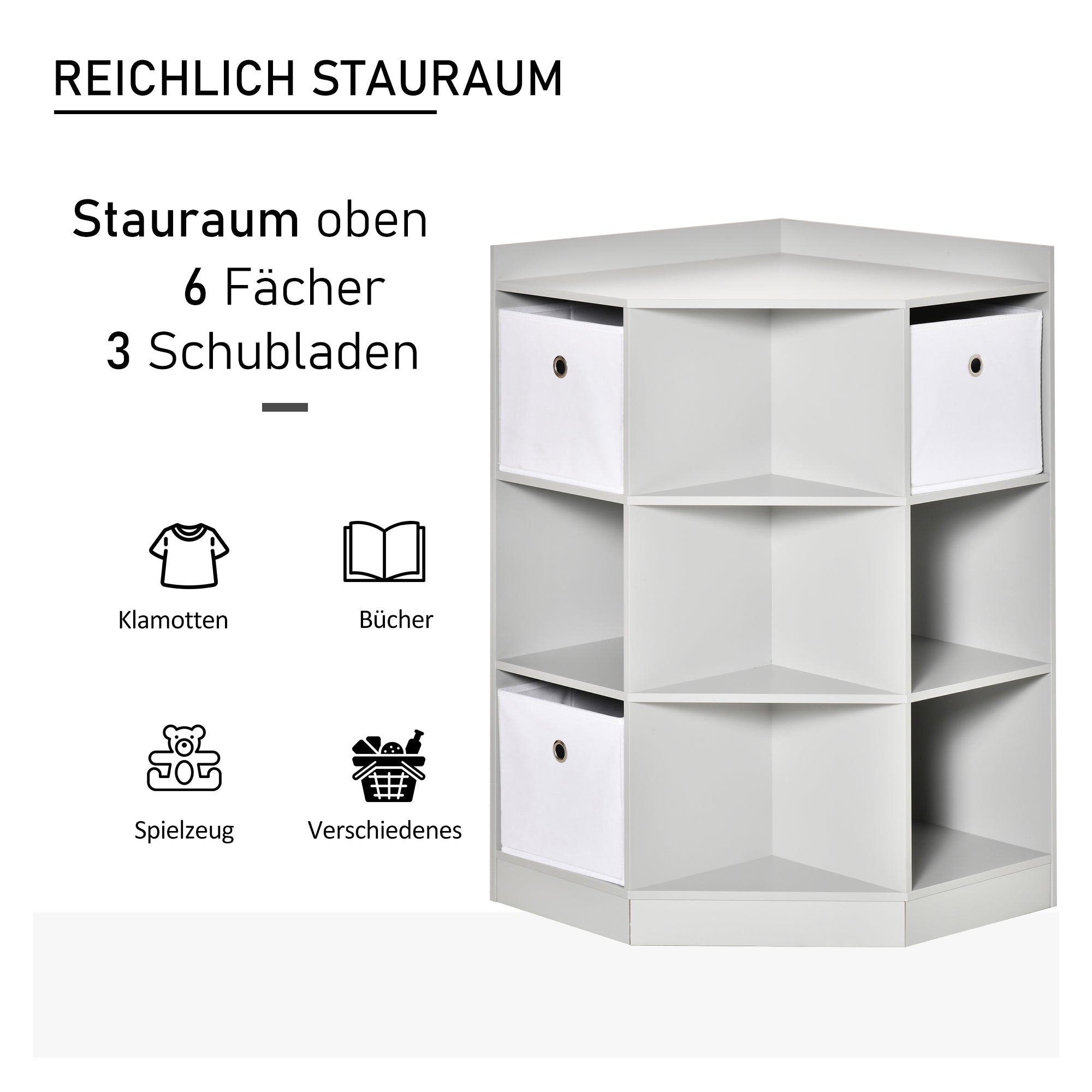 Children's Shelf Corner Shelf with 3 Storage Boxes Children's Room Toy Shelf for 3-12 Year Olds Gray 57.4 x 57.4 x 94 cm