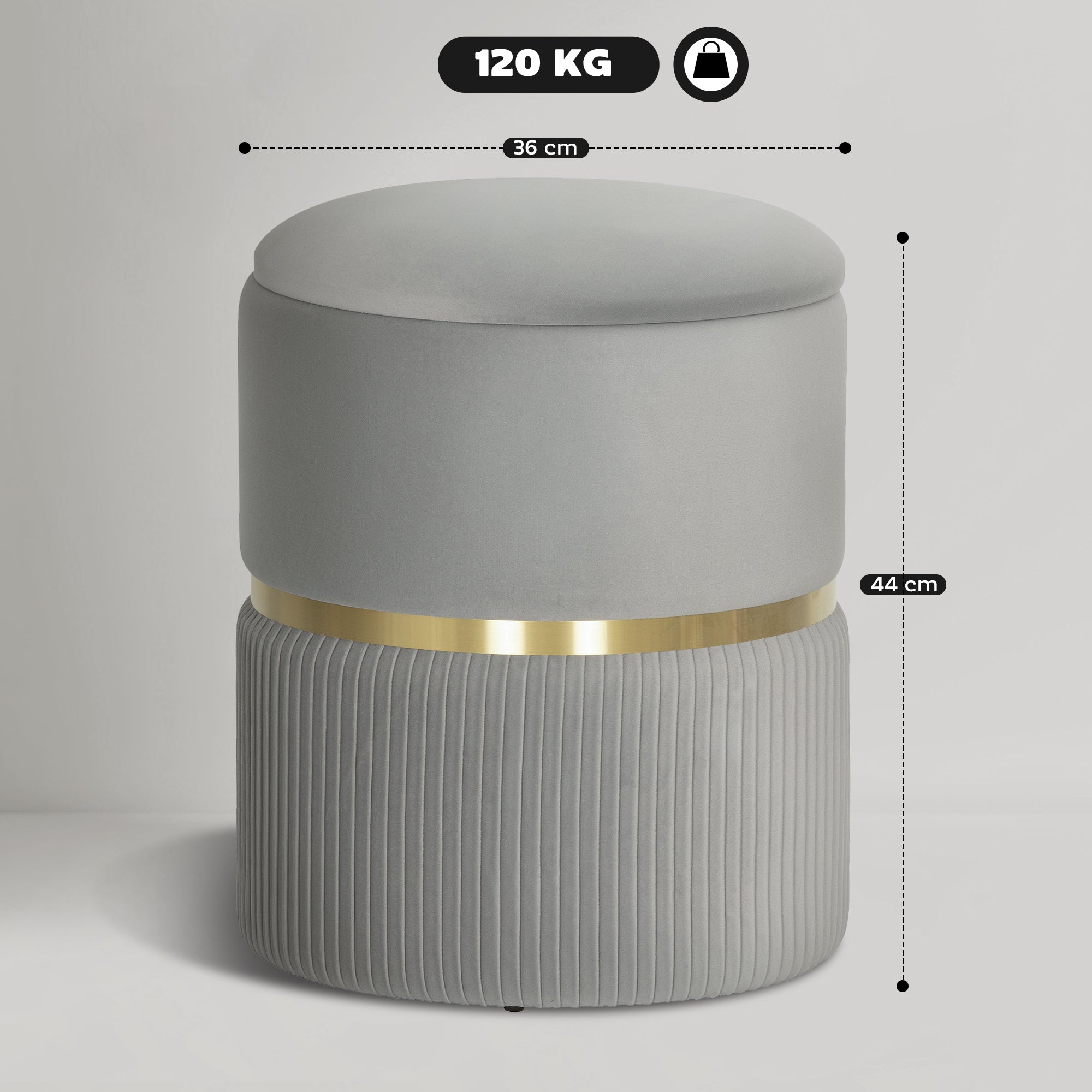 Round Velvet Storage Ottoman with Removable Lid — 14 x 14 x 17 in, Light Gray