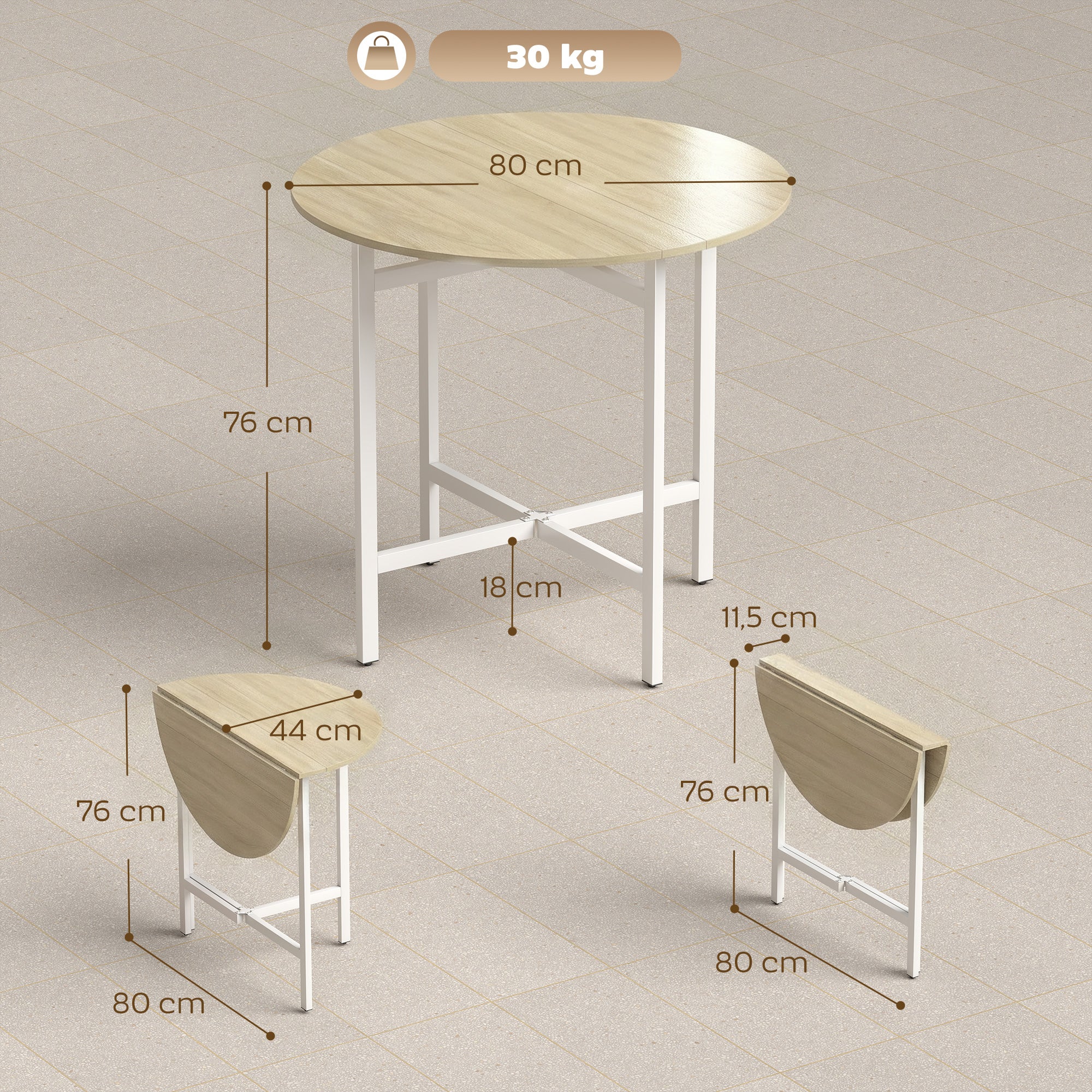 Round Folding Dining Table for 2–4, Space-Saving Drop-Leaf Table with Steel Frame, Natural Wood/White, 31.5" x 31.5" x 29.9"