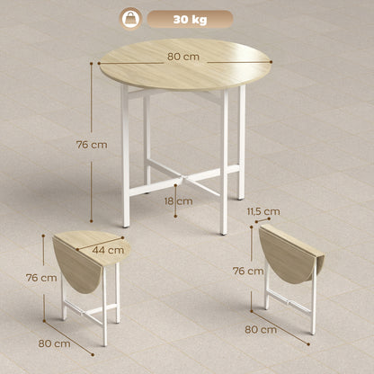 Round Folding Dining Table for 2–4, Space-Saving Drop-Leaf Table with Steel Frame, Natural Wood/White, 31.5" x 31.5" x 29.9"