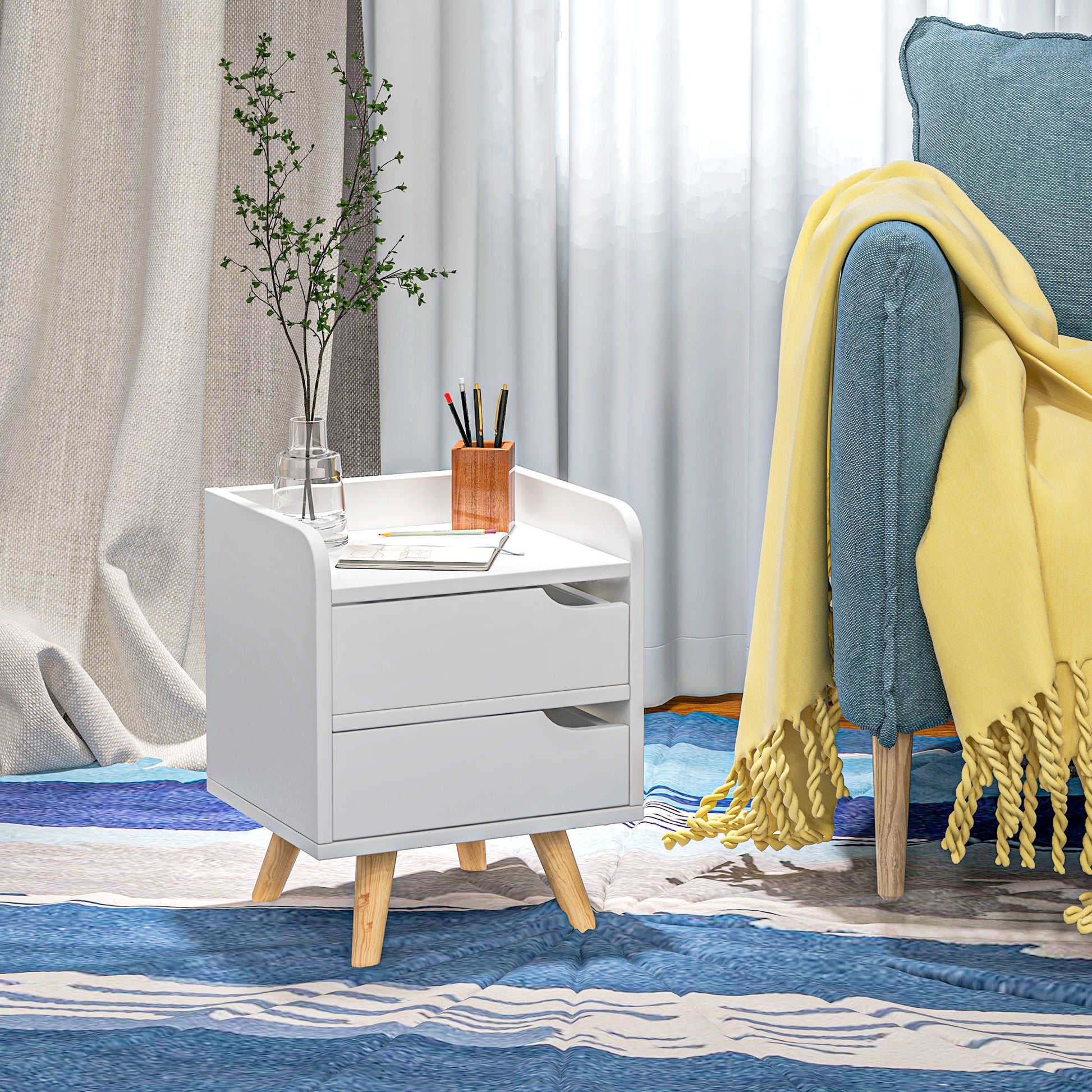 Multi-Purpose Bedside Table Side Cabinet for Living Room or Bedroom with 2 Spacious Drawers Pine Legs Modern Design 33x28x42 cm White