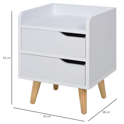 Multi-Purpose Bedside Table Side Cabinet for Living Room or Bedroom with 2 Spacious Drawers Pine Legs Modern Design 33x28x42 cm White