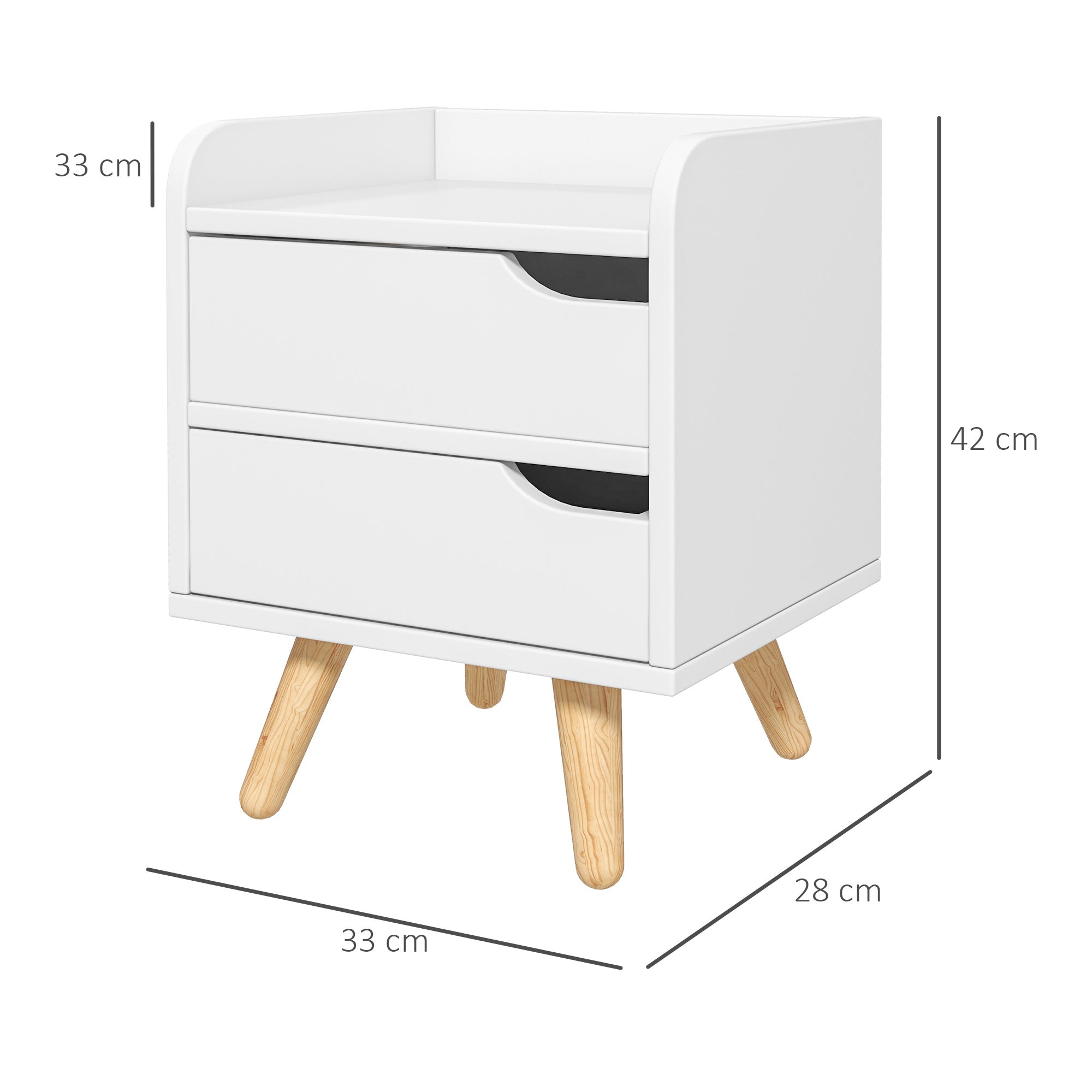 Multi-Purpose Bedside Table Side Cabinet for Living Room or Bedroom with 2 Spacious Drawers Pine Legs Modern Design 33x28x42 cm White