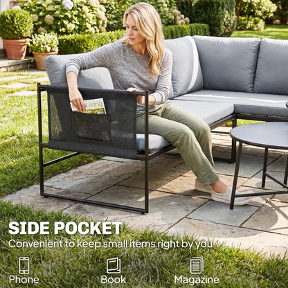 5-Piece Outdoor Lounge Set for 4–5 – Modular L-Shaped Sofa, Armless Chair, 2 Coffee Tables, Washable Cushions, Breathable Mesh Seats – Dark Gray