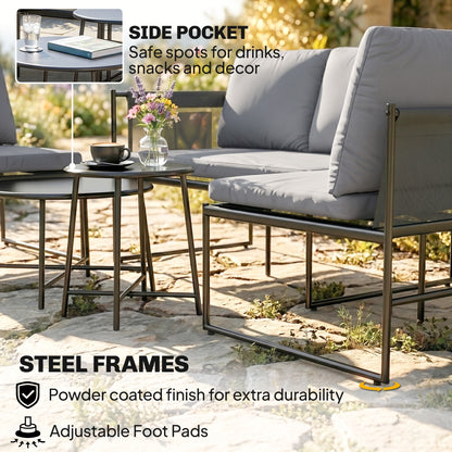 5-Piece Outdoor Lounge Set for 4–5 – Modular L-Shaped Sofa, Armless Chair, 2 Coffee Tables, Washable Cushions, Breathable Mesh Seats – Dark Gray