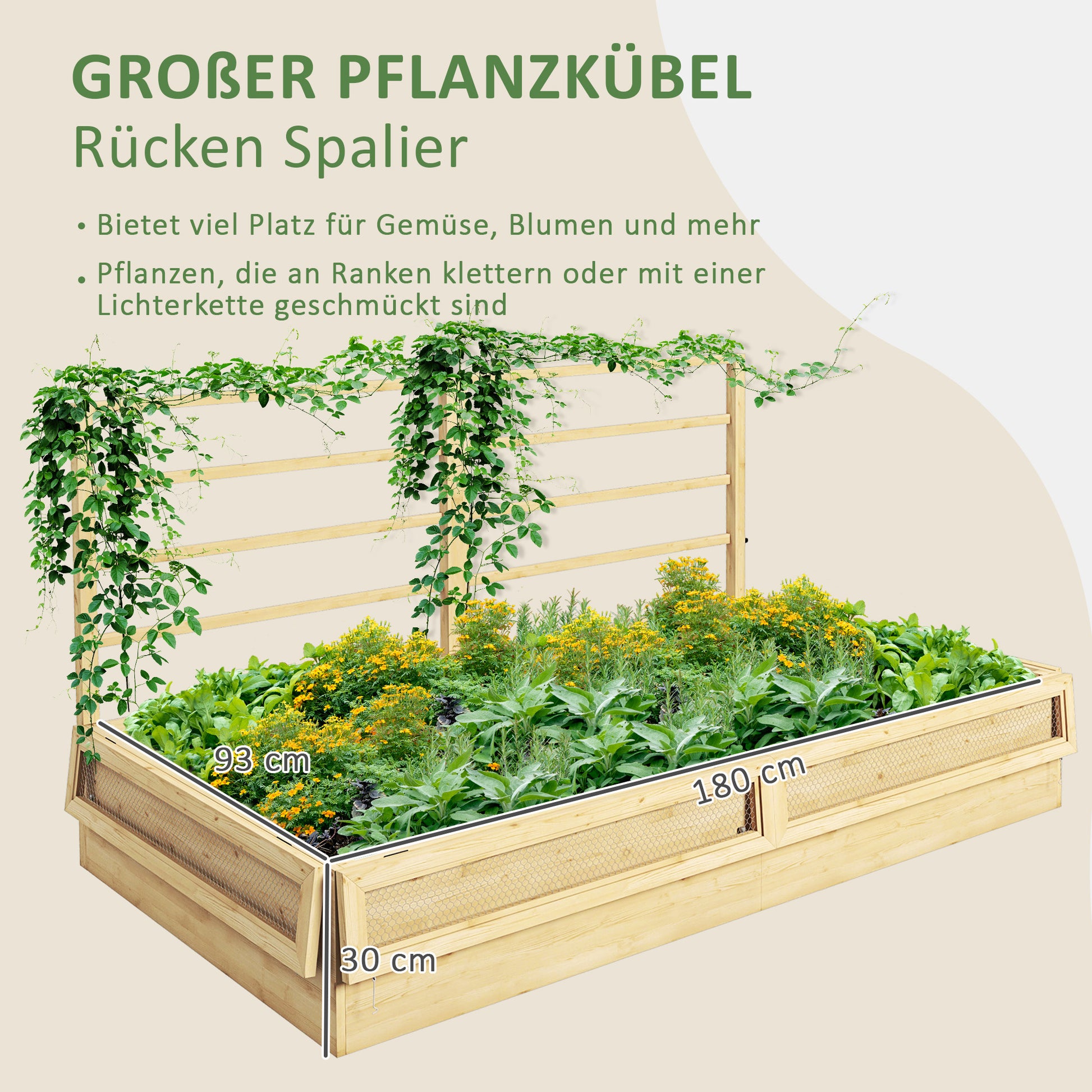 Raised Garden Planter with Trellis, Herbal Bed, Wooden Plant Box, Flower Box for Garden, Balcony, Natural Wood, 183 x 98.5 x 95 cm