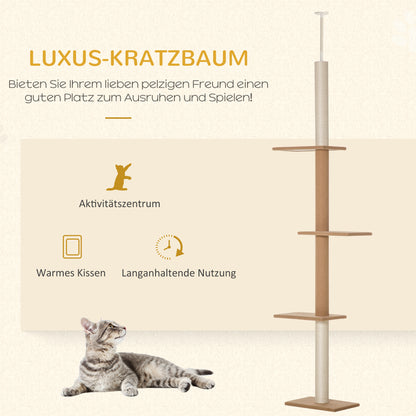 Ceiling-High Cat Tree, Adjustable Height 228-260 cm Climbing Tree for Cats with 3 Levels, Cat Scratching Tree, Floor-to-Ceiling Play Tree in Khaki