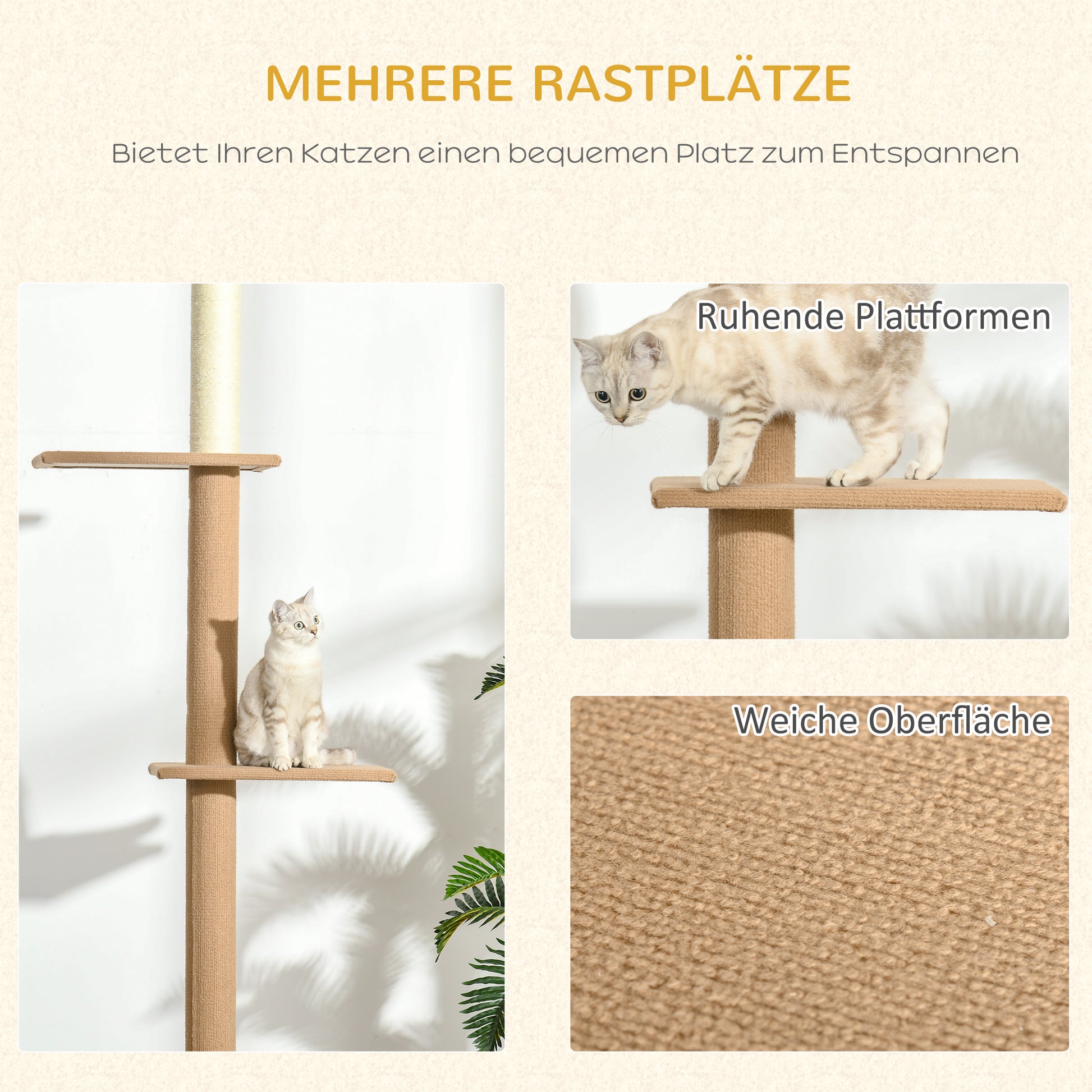 Ceiling-High Cat Tree, Adjustable Height 228-260 cm Climbing Tree for Cats with 3 Levels, Cat Scratching Tree, Floor-to-Ceiling Play Tree in Khaki