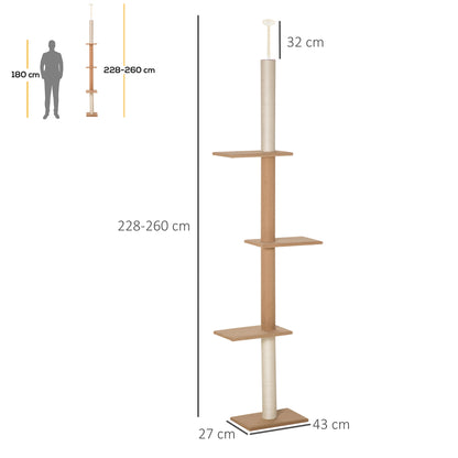 Ceiling-High Cat Tree, Adjustable Height 228-260 cm Climbing Tree for Cats with 3 Levels, Cat Scratching Tree, Floor-to-Ceiling Play Tree in Khaki