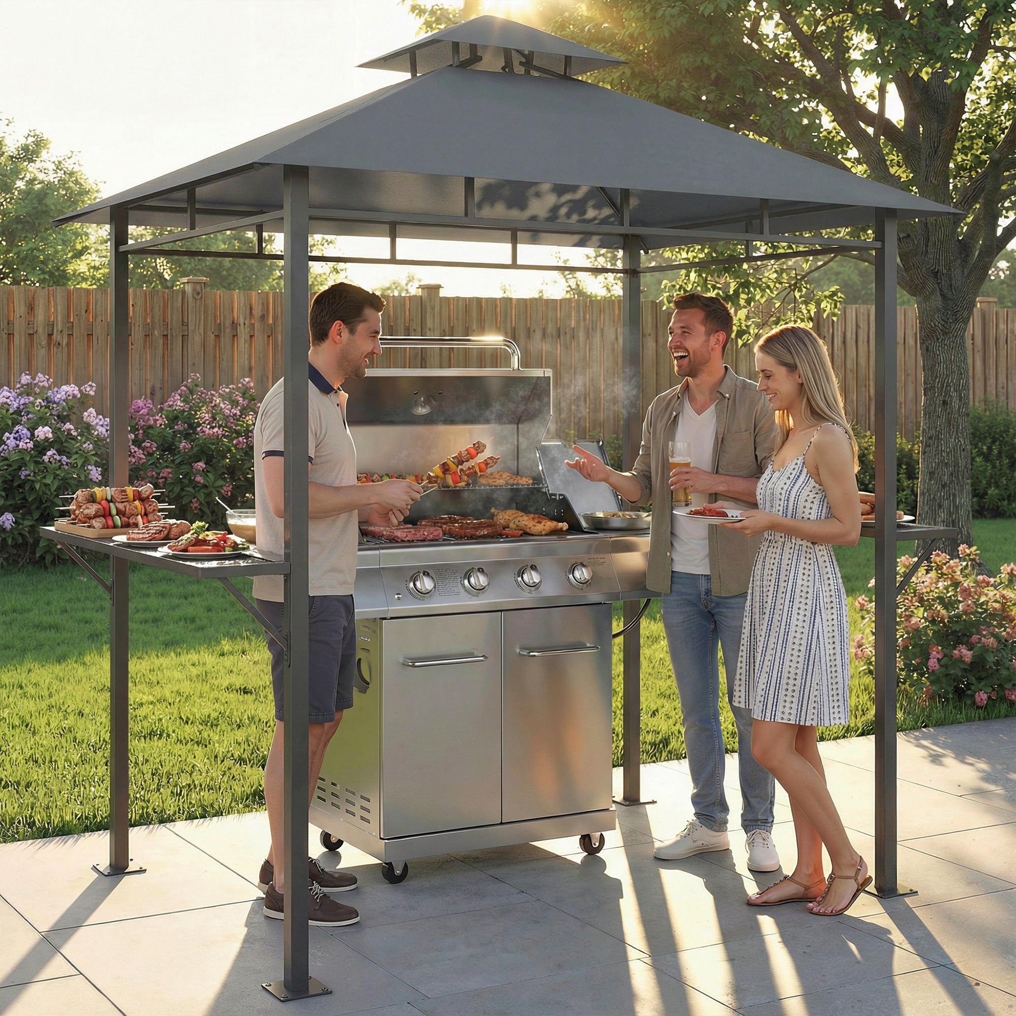 Grill Pavilion 2.4 x 1.4 m — Windproof BBQ Canopy with Double-Roof Vent, Side Shelves, UV-Resistant, Dark Gray
