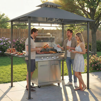 Grill Pavilion 2.4 x 1.4 m — Windproof BBQ Canopy with Double-Roof Vent, Side Shelves, UV-Resistant, Dark Gray