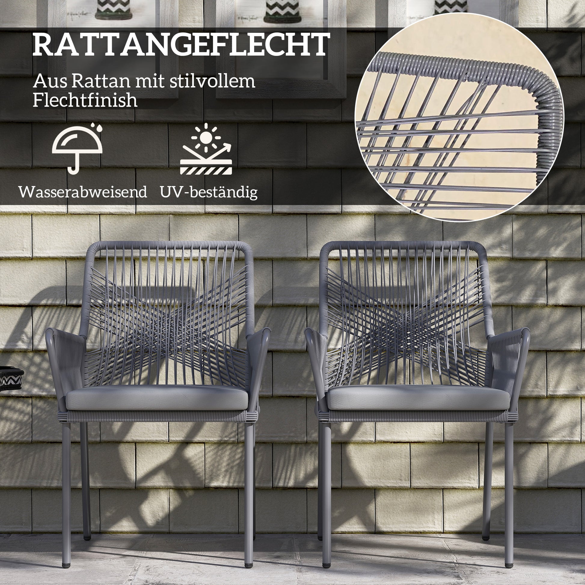 2-Piece Rattan Garden Chair Set Outdoor Furniture with Armrest Removable Backrest Cushion Weatherproof Essstühle Garden Chairs Balcony Chair Rattan Chair for Garden Balcony Terrace Dark Grey