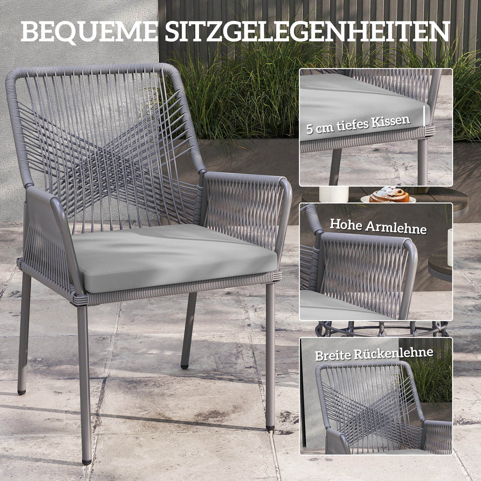 2-Piece Rattan Garden Chair Set Outdoor Furniture with Armrest Removable Backrest Cushion Weatherproof Essstühle Garden Chairs Balcony Chair Rattan Chair for Garden Balcony Terrace Dark Grey