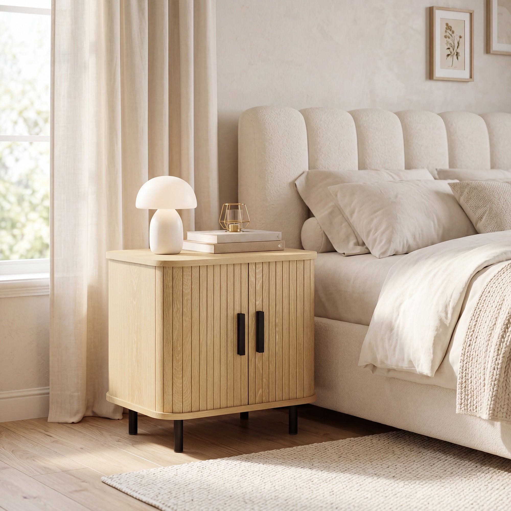 Modern Nightstand with Slatted Sliding Doors, Steel Legs — Oak