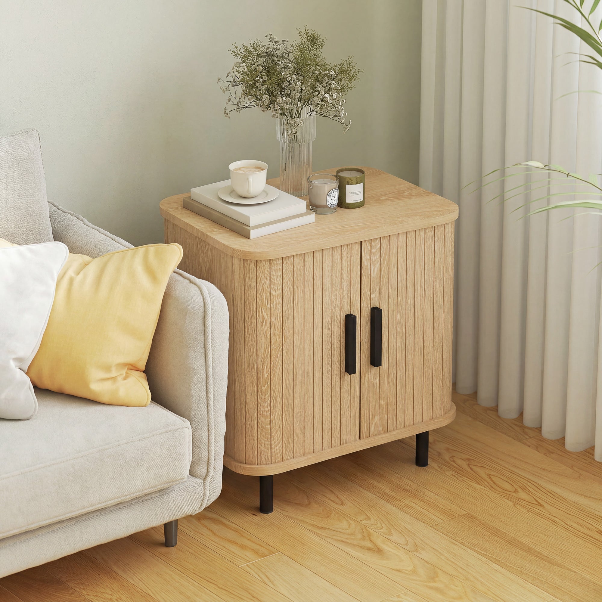 Modern Nightstand with Slatted Sliding Doors, Steel Legs — Oak