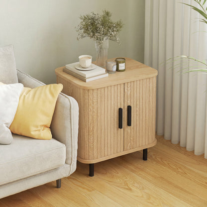 Modern Nightstand with Slatted Sliding Doors, Steel Legs — Oak