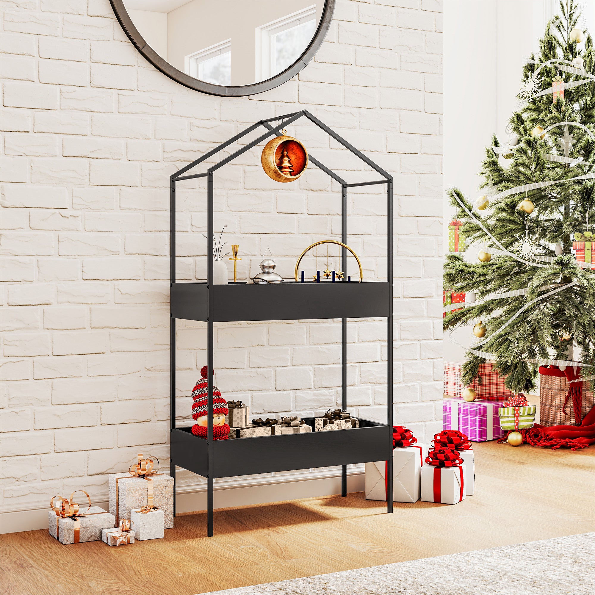 2-Tier House-Shaped Plant Stand with Hook, 150 cm (59 in) High, Metal Pot Shelves for Garden, Balcony & Home, Black