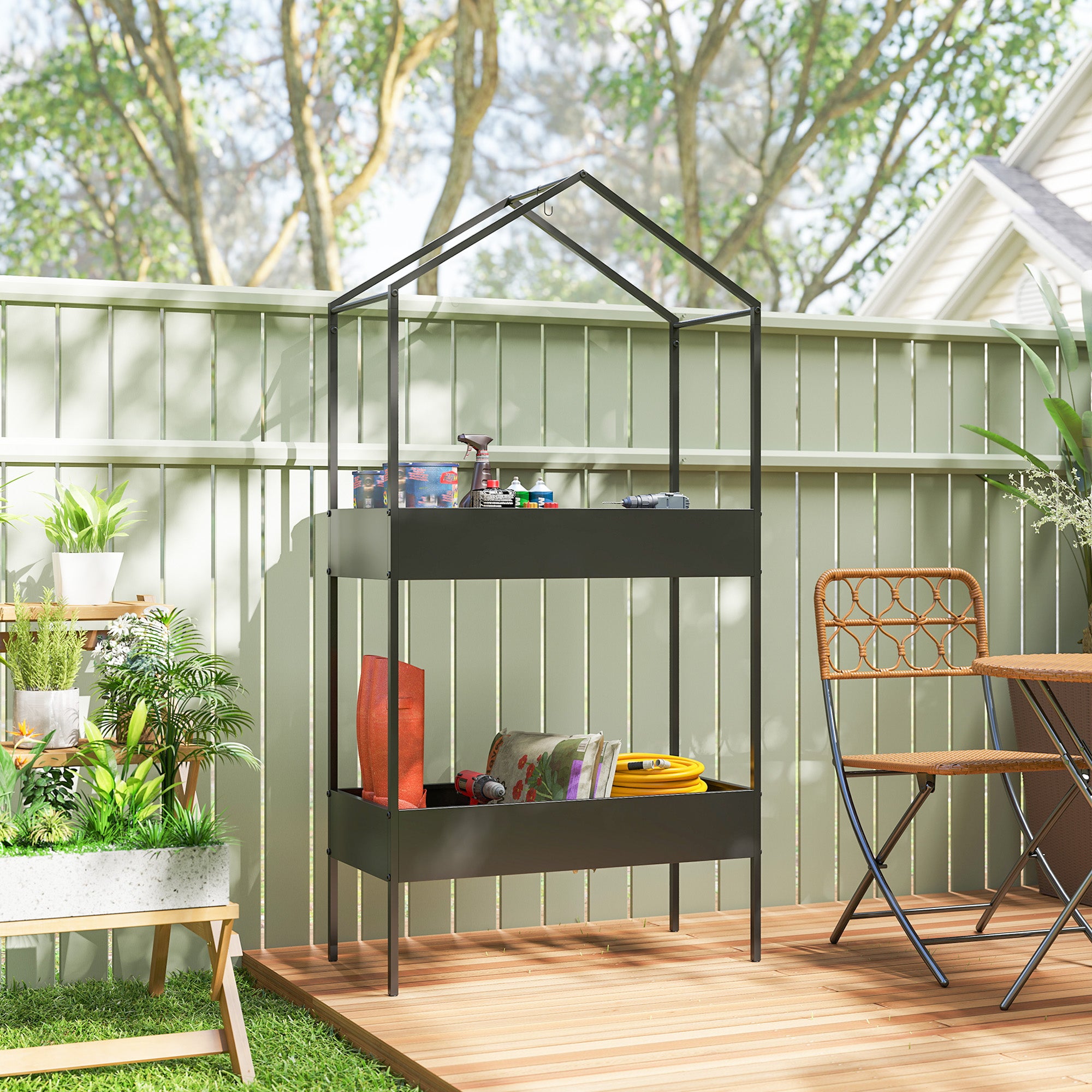 2-Tier House-Shaped Plant Stand with Hook, 150 cm (59 in) High, Metal Pot Shelves for Garden, Balcony & Home, Black