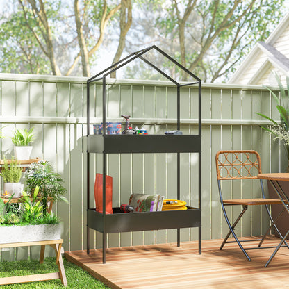 2-Tier House-Shaped Plant Stand with Hook, 150 cm (59 in) High, Metal Pot Shelves for Garden, Balcony & Home, Black
