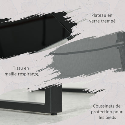 5-Piece Garden Lounge Set with Table and 2-Seater Chair with 2 Armchairs, 2 Footrests, and 1 Table, Black Metal, Gray Mesh Seat