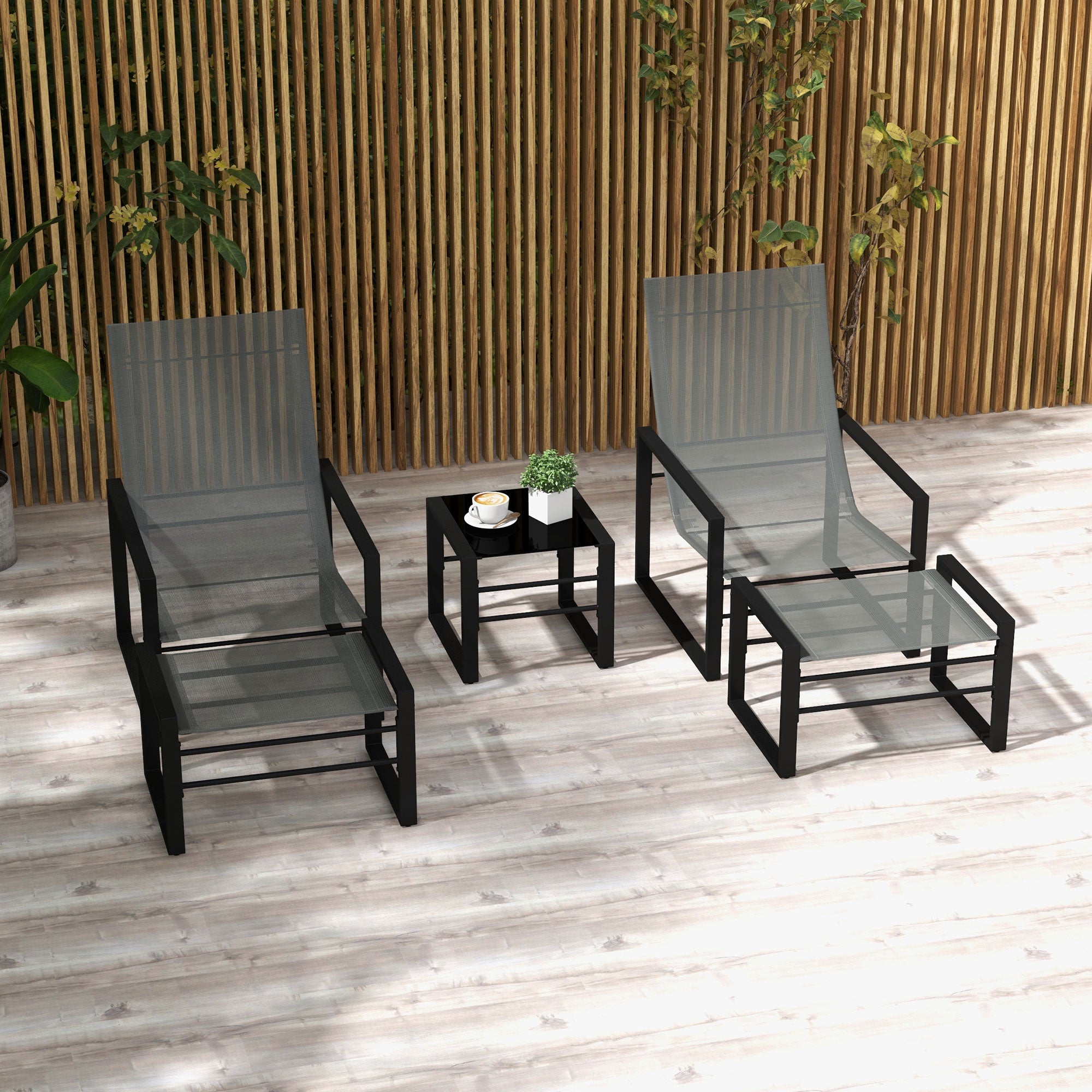 5-Piece Garden Lounge Set with Table and 2-Seater Chair with 2 Armchairs, 2 Footrests, and 1 Table, Black Metal, Gray Mesh Seat