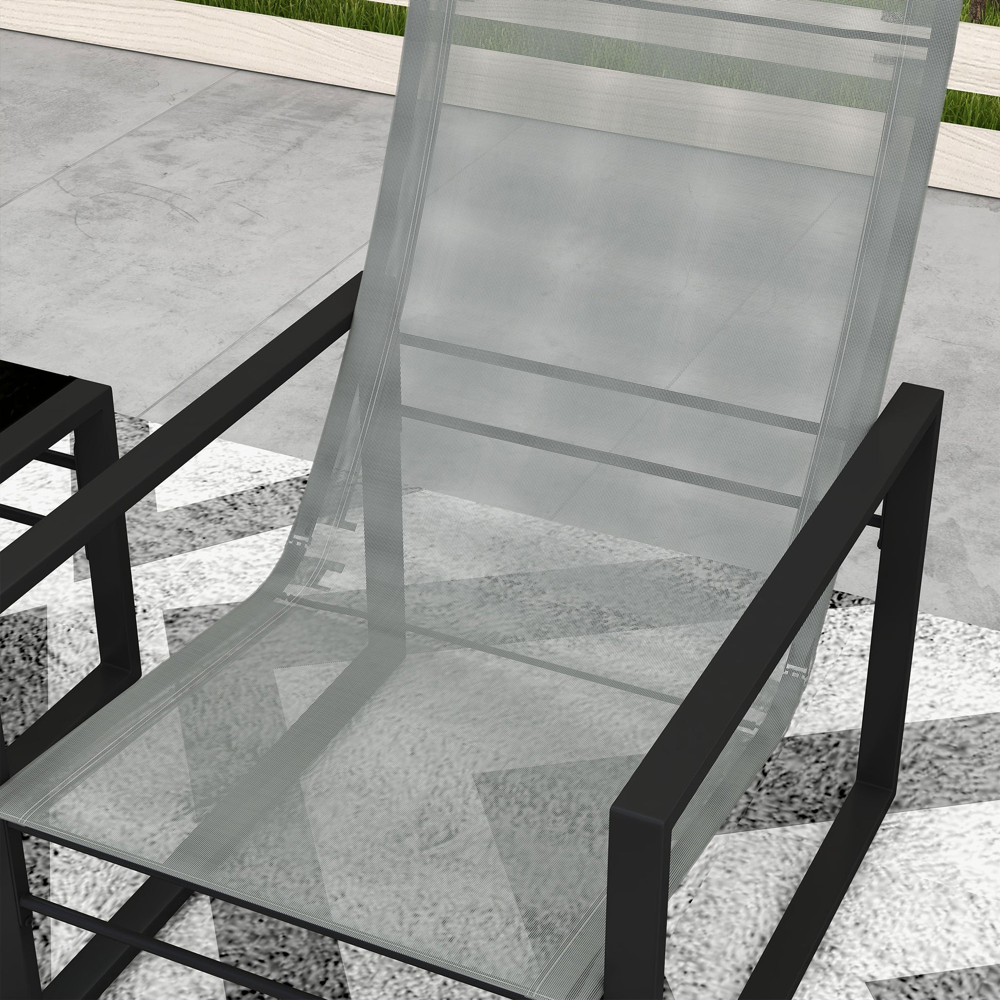 5-Piece Garden Lounge Set with Table and 2-Seater Chair with 2 Armchairs, 2 Footrests, and 1 Table, Black Metal, Gray Mesh Seat