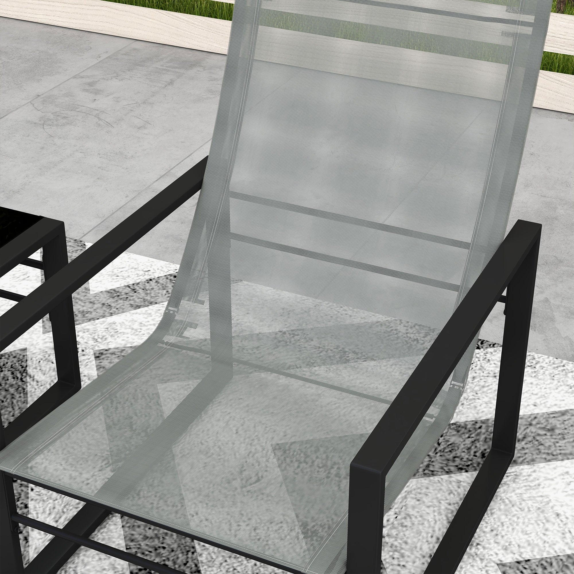 5-Piece Garden Lounge Set with Table and 2-Seater Chair with 2 Armchairs, 2 Footrests, and 1 Table, Black Metal, Gray Mesh Seat
