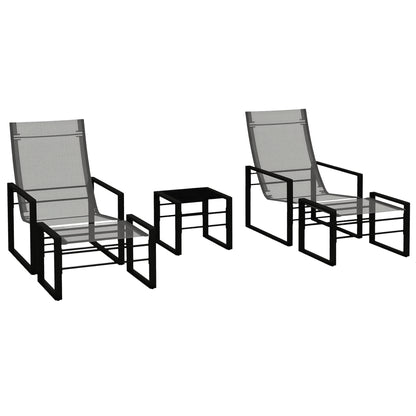 5-Piece Garden Lounge Set with Table and 2-Seater Chair with 2 Armchairs, 2 Footrests, and 1 Table, Black Metal, Gray Mesh Seat
