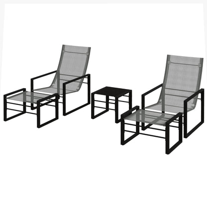 5-Piece Garden Lounge Set with Table and 2-Seater Chair with 2 Armchairs, 2 Footrests, and 1 Table, Black Metal, Gray Mesh Seat