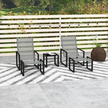 5-Piece Garden Lounge Set with Table and 2-Seater Chair with 2 Armchairs, 2 Footrests, and 1 Table, Black Metal, Gray Mesh Seat