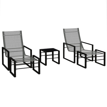 5-Piece Garden Lounge Set with Table and 2-Seater Chair with 2 Armchairs, 2 Footrests, and 1 Table, Black Metal, Gray Mesh Seat